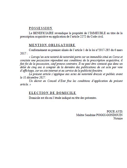 Avis de création de titre de propriété - Commune de Rusiu (Cismonte)
