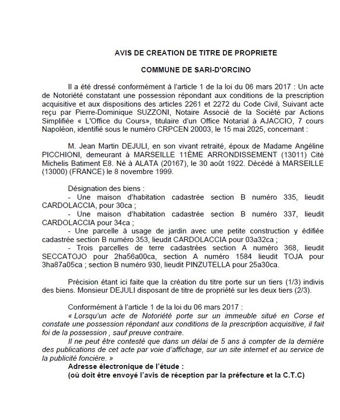 Avis de création de titre de propriété - Commune de Sari d'Urcinu (Pumonti)