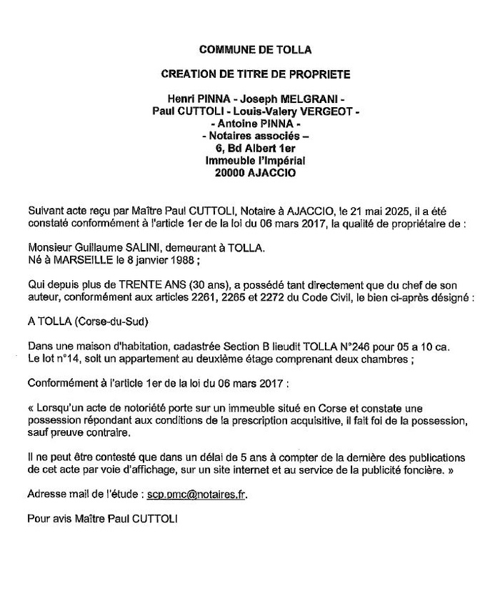 Avis de création de titre de propriété - Commune de Todda (Pumonti)