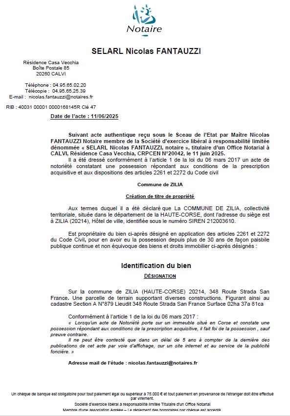 Avis de création de titre de propriété - Commune de Zilia (Cismonte) Avis de création de titre de propriété - Commune de Zilia (Cismonte)