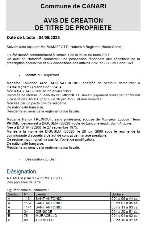 Avis de création de titre de propriété - Commune de Canari (Cismonte)