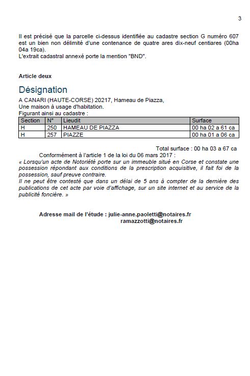 Avis de création de titre de propriété - Commune de Canari (Cismonte)