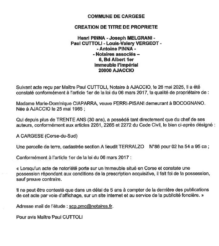 Avis de création de titre de propriété - Commune de Carghjese (Pumonti)