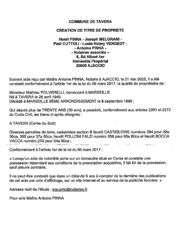 Avis de création de titre de propriété - Commune de Tavera (Pumonti)