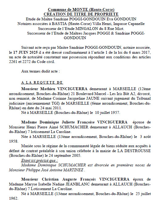 Avis de création de titre de propriété - Commune d'U Monte (Cismonte) Avis de création de titre de propriété - Commune d'U Monte (Cismonte)
