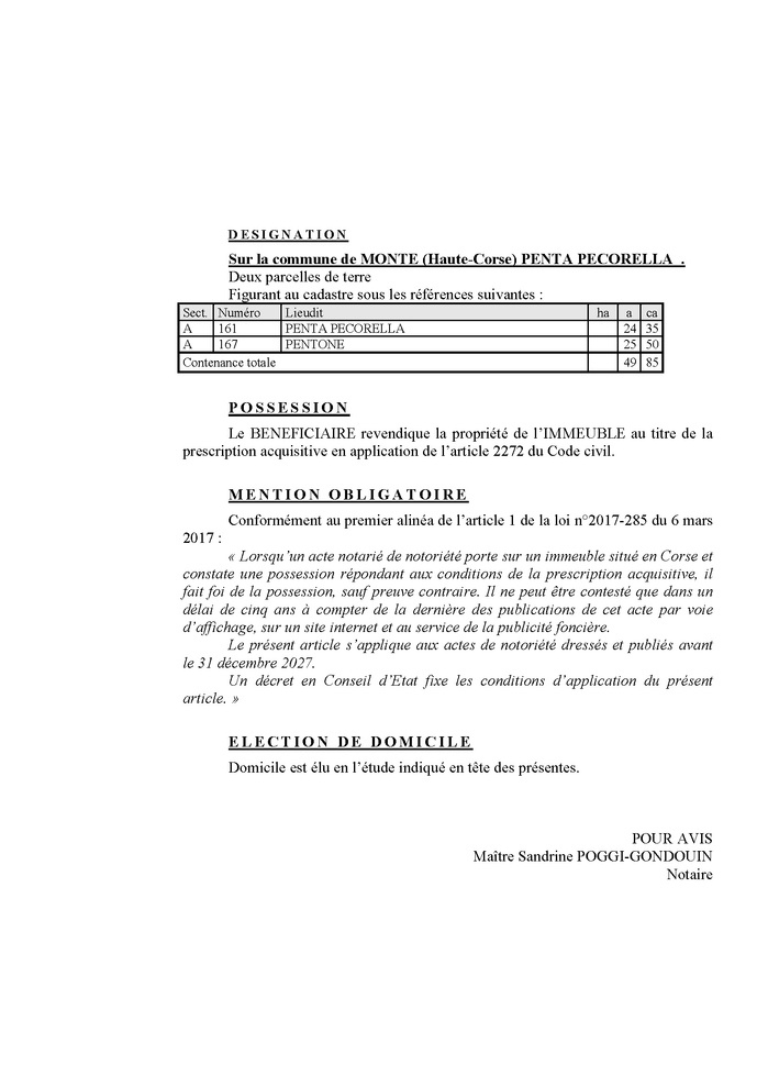 Avis de création de titre de propriété - Commune d'U Monte (Cismonte)