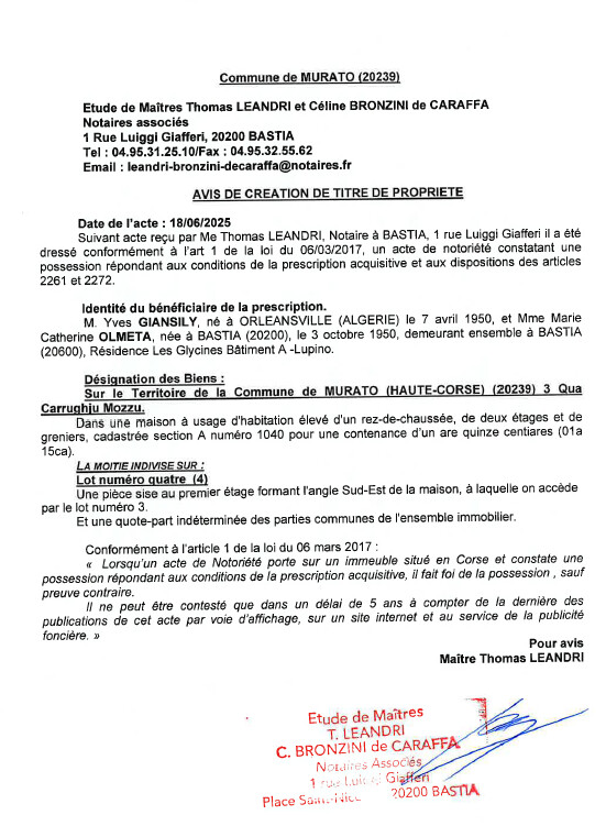 Avis de création de titre de propriété - Commune de Muratu (Cismonte) Avis de création de titre de propriété - Commune de Muratu (Cismonte)