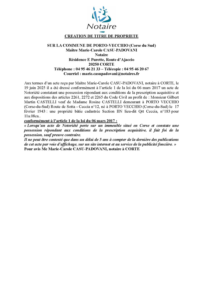 Avis de création de titre de propriété - Commune de Portivechju (Pumonti)