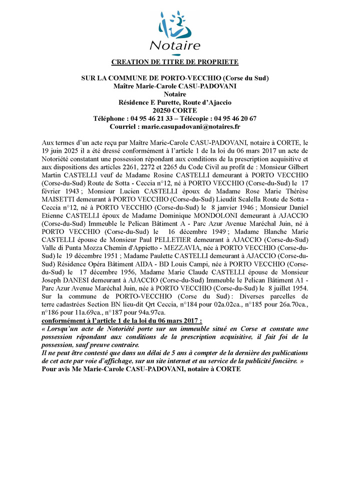 Avis de création de titre de propriété - Commune de Portivechju (Pumonti)