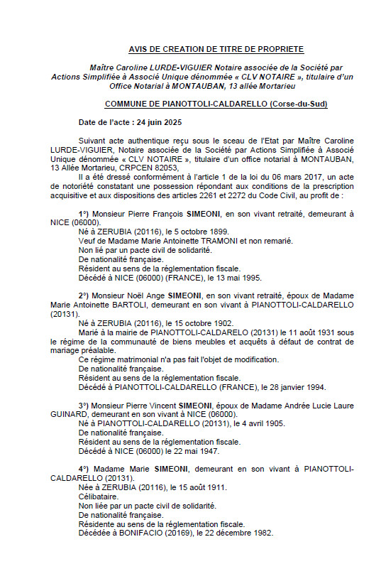  Avis de création de titre de propriété - Commune de Pianottuli è Caldareddu (Pumonti)