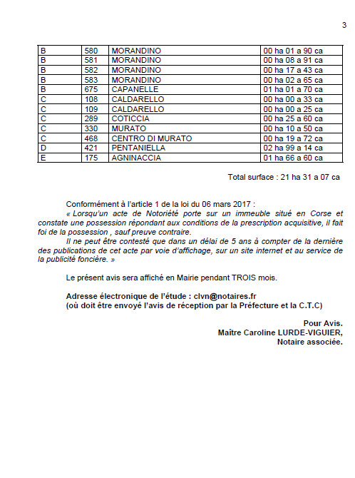  Avis de création de titre de propriété - Commune de Pianottuli è Caldareddu (Pumonti)