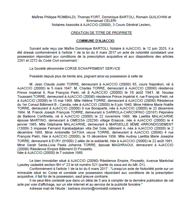 Avis de création de titre de propriété - Commune d'Aiacciu (Pumonti) Avis de création de titre de propriété - Commune d'Aiacciu (Pumonti)