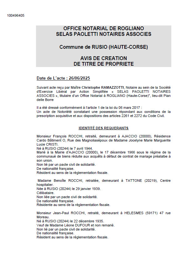 Avis de création de titre de propriété - Commune de Rusiu (Cismonte)