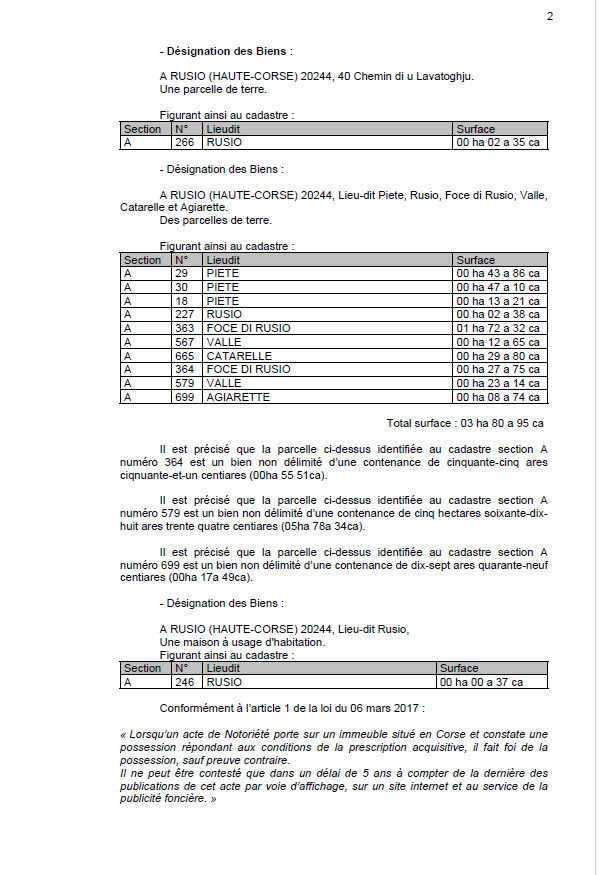 Avis de création de titre de propriété - Commune de Rusiu (Cismonte)