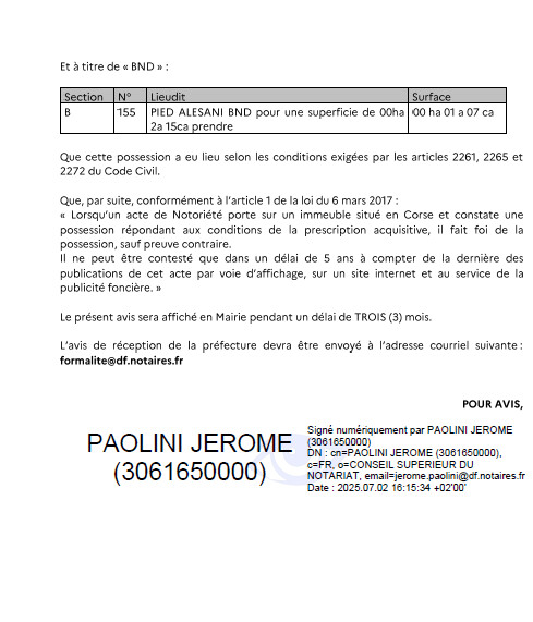 Avis de création de titre de propriété - Commune de L'Ortale (Cismonte)
