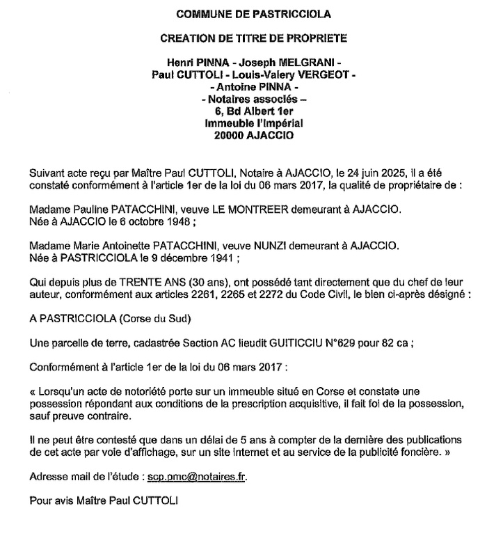 Avis de création de titre de propriété - Commune d'A Pastricciola (Pumonti)