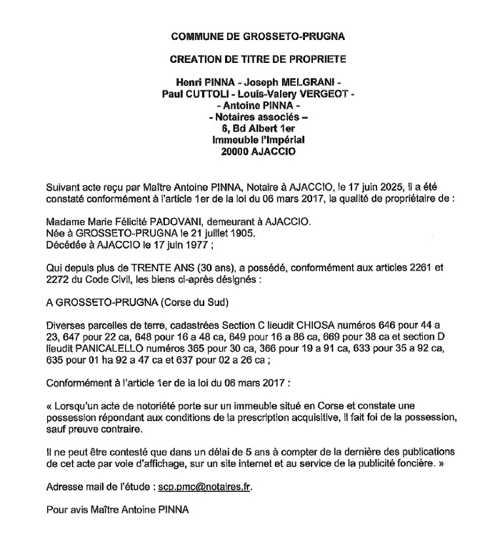 Avis de création de titre de propriété - Commune de Grussetu è Prugna (Pumonti) Avis de création de titre de propriété - Commune de Grussetu è Prugna (Pumonti)