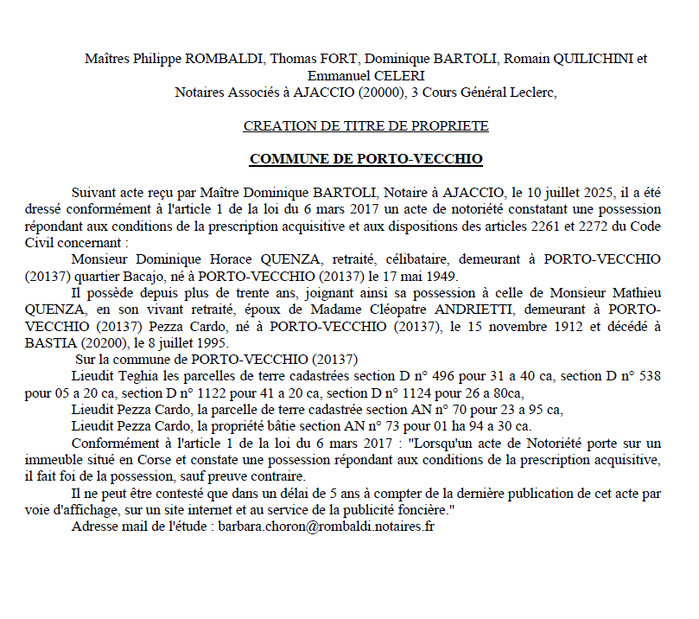 Avis de création de titre de propriété - Commune de Portivechju (Pumonti)