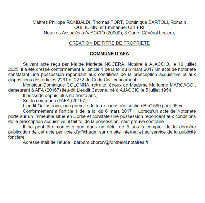 Avis de création de titre de propriété - Commune d'Afa (Pumonti)