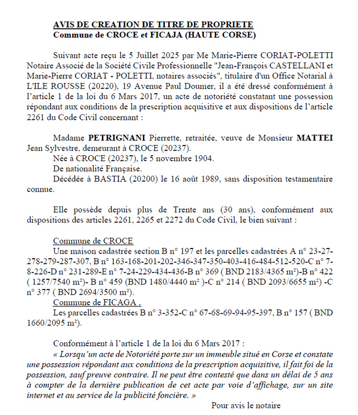 Avis de création de titre de propriété - Communes de A Croce et Ficaghja (Cismonte)
