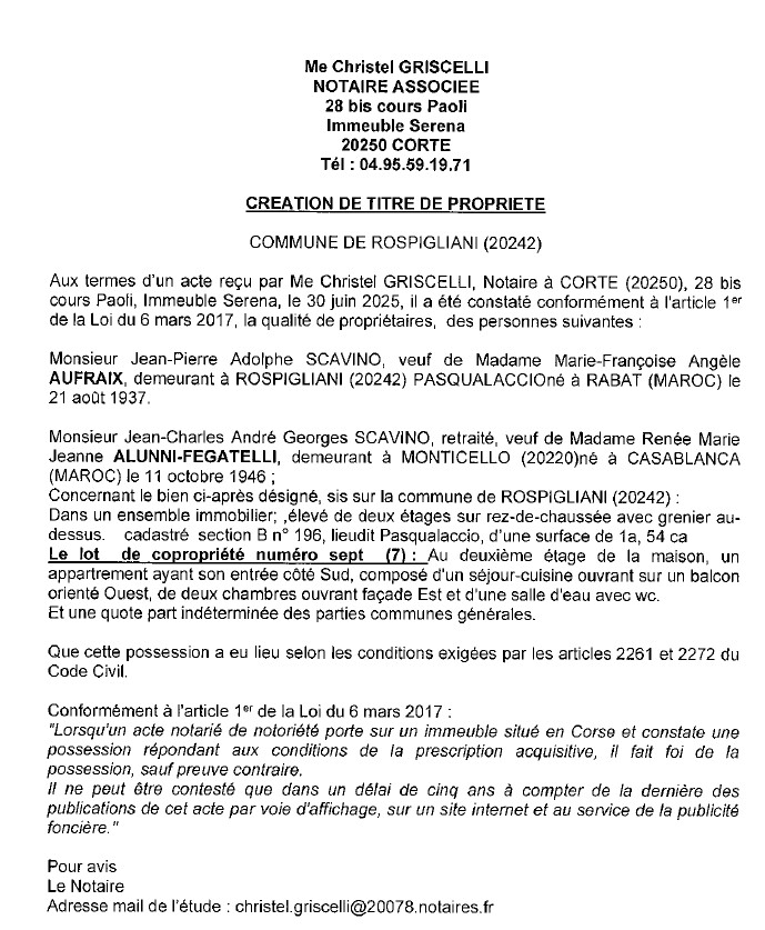 Avis de création de titre de propriété - Commune de Ruspigliani (Cismonte)