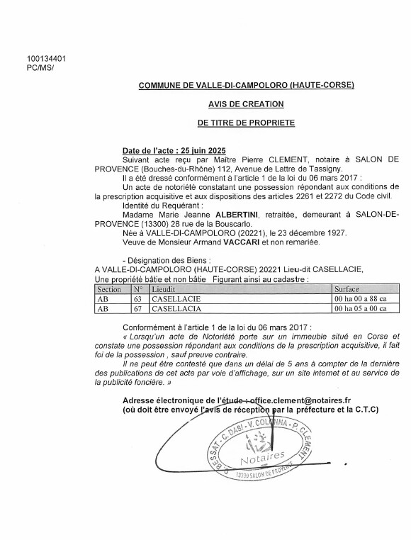 Avis de création de titre de propriété - Commune d'A Valle di Campulori (Cismonte)