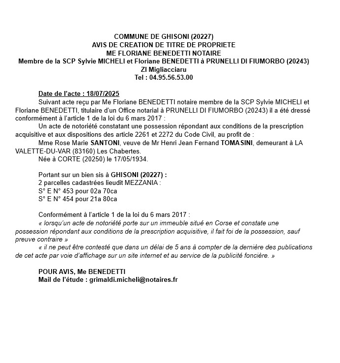 Avis de création de titre de propriété - Commune de Ghisoni (Cismonte) Avis de création de titre de propriété - Commune de Ghisoni (Cismonte)
