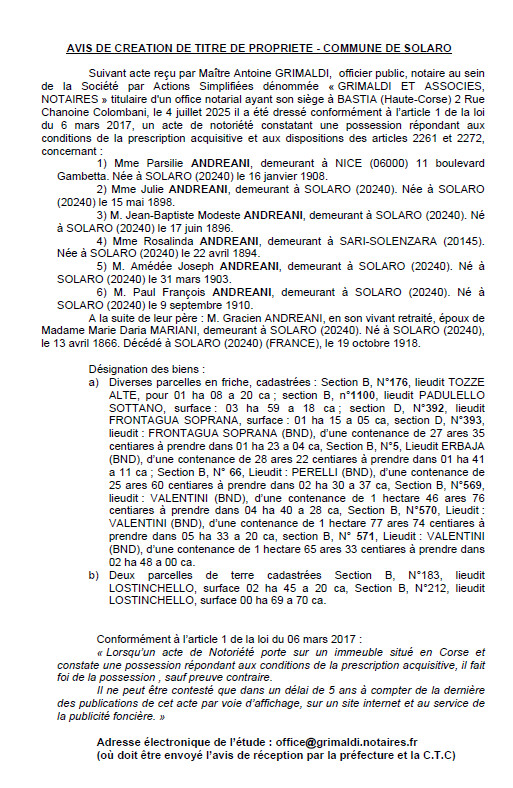 Avis de création de titre de propriété - Commune d'U Sulaghju (Pumonti) Avis de création de titre de propriété - Commune d'U Sulaghju (Pumonti)