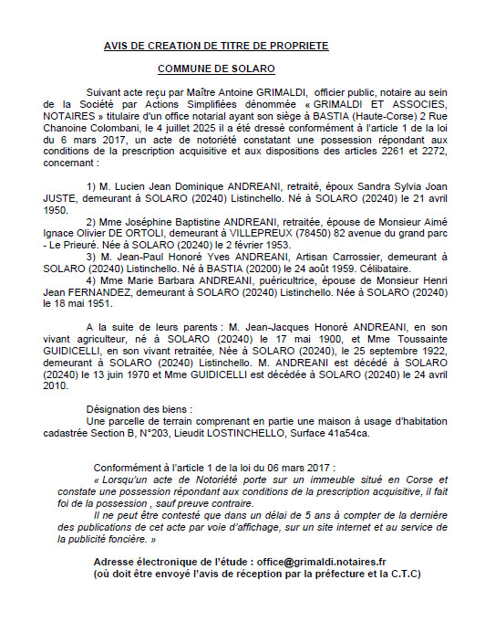 Avis de création de titre de propriété - Commune d'U Sulaghju (Pumonti) Avis de création de titre de propriété - Commune d'U Sulaghju (Pumonti)