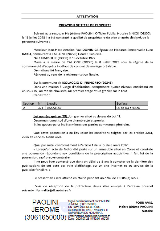 Avis de création de titre de propriété - Commune de L'Isulacciu di Fiumorbu (Cismonte)