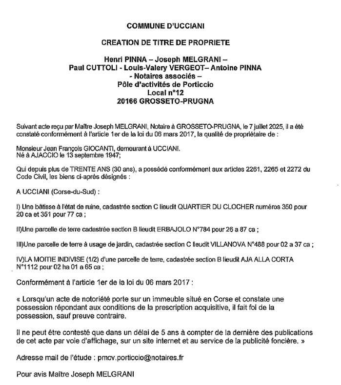 Avis de création de titre de propriété - Commune d'Aucciani (Pumonti)
