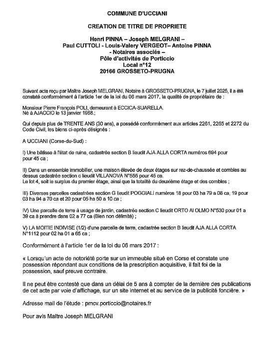 Avis de création de titre de propriété - Commune d'Aucciani (Pumonti)