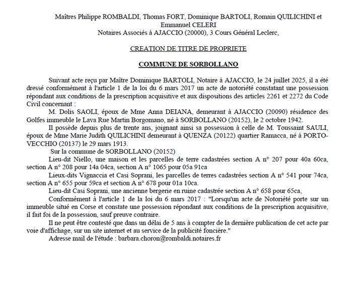 Avis de création de titre de propriété - Commune de Surbuddà (Pumonti)