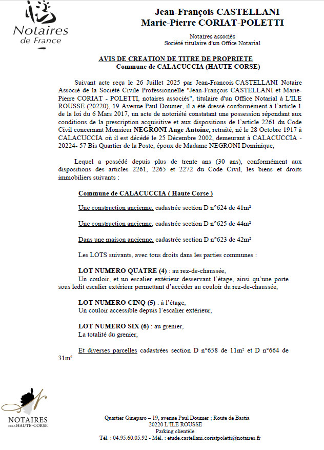 Avis de création de titre de propriété - Commune de Calacuccia (Cismonte) Avis de création de titre de propriété - Commune de Calacuccia (Cismonte)