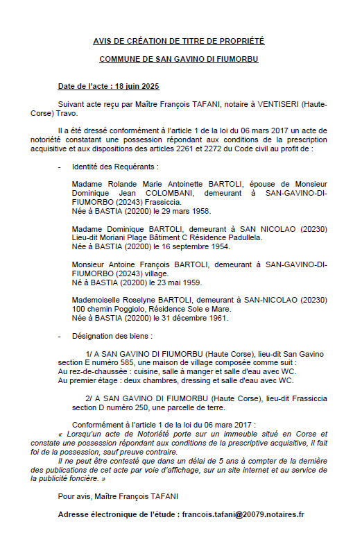 Avis de création de titre de propriété - Commune de San Gavinu di Fiumorbu (Cismonte)
