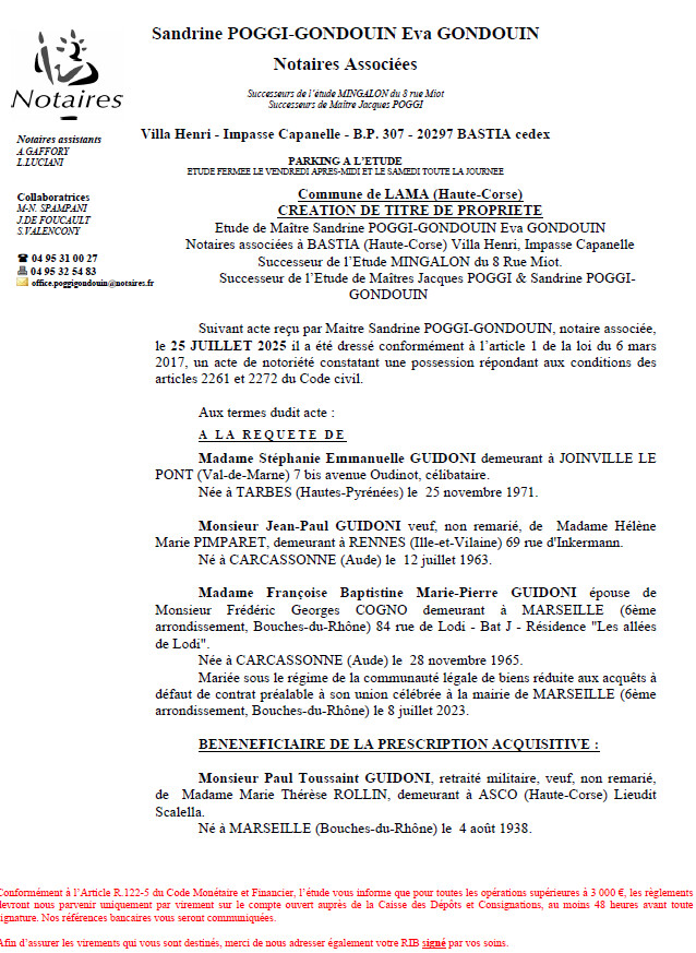 Avis de création de titre de propriété - Commune de Lama (Cismonte)