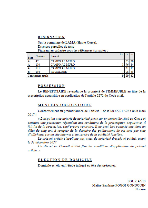 Avis de création de titre de propriété - Commune de Lama (Cismonte)