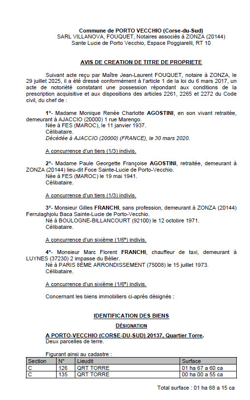 Avis de création de titre de propriété - Commune de Portivechju (Pumonti)