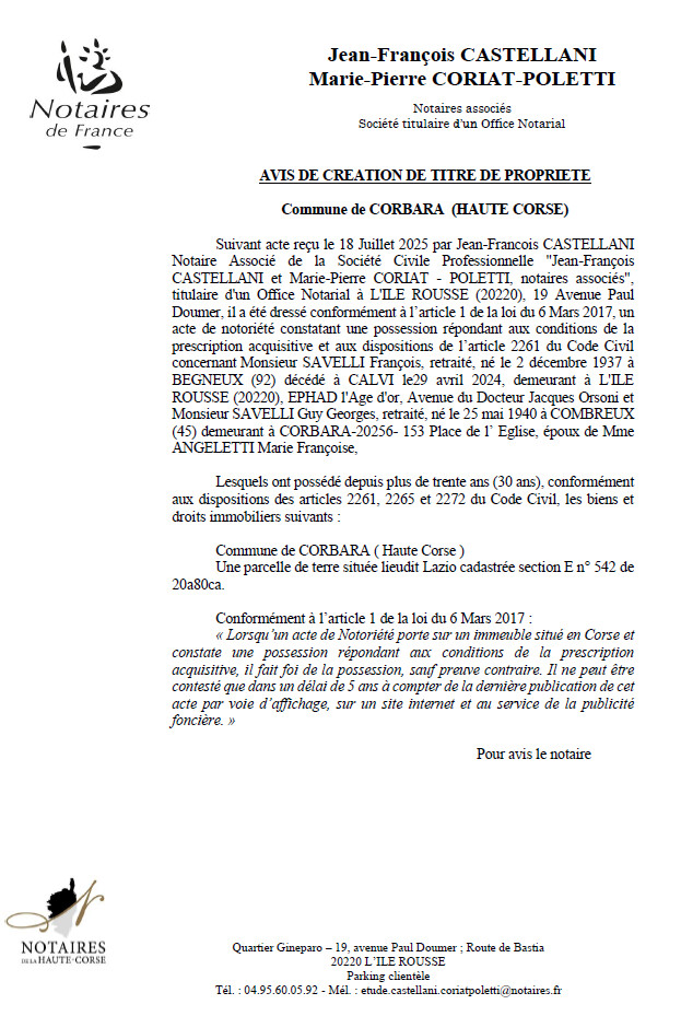 Avis de création de titre de propriété - Commune d'A Curbaghja (Cismonte) Avis de création de titre de propriété - Commune d'A Curbaghja (Cismonte)