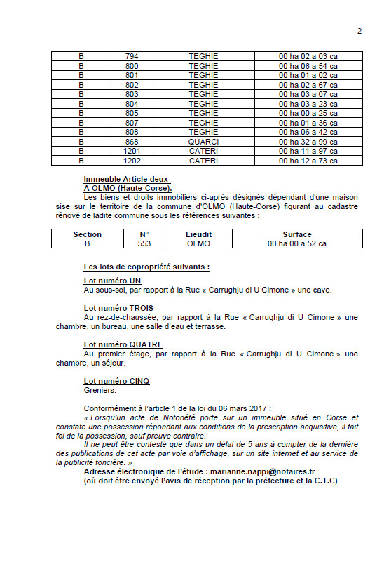 Avis de création de titre de propriété - Commune de L'Olmu (Cismonte)