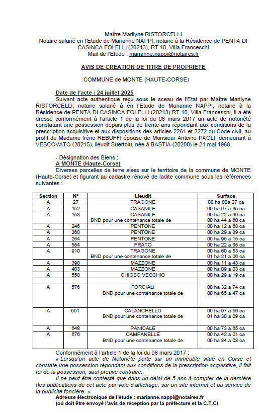 Avis de création de titre de propriété - Commune d'U Monte (Cismonte)