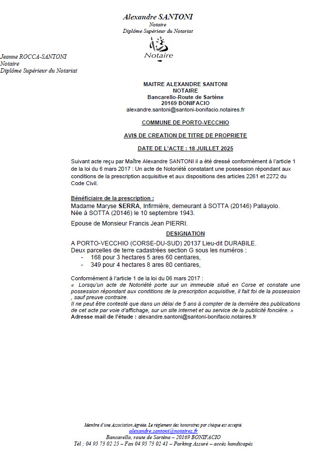 Avis de création de titre de propriété - Commune de Portivechju (Pumonti)