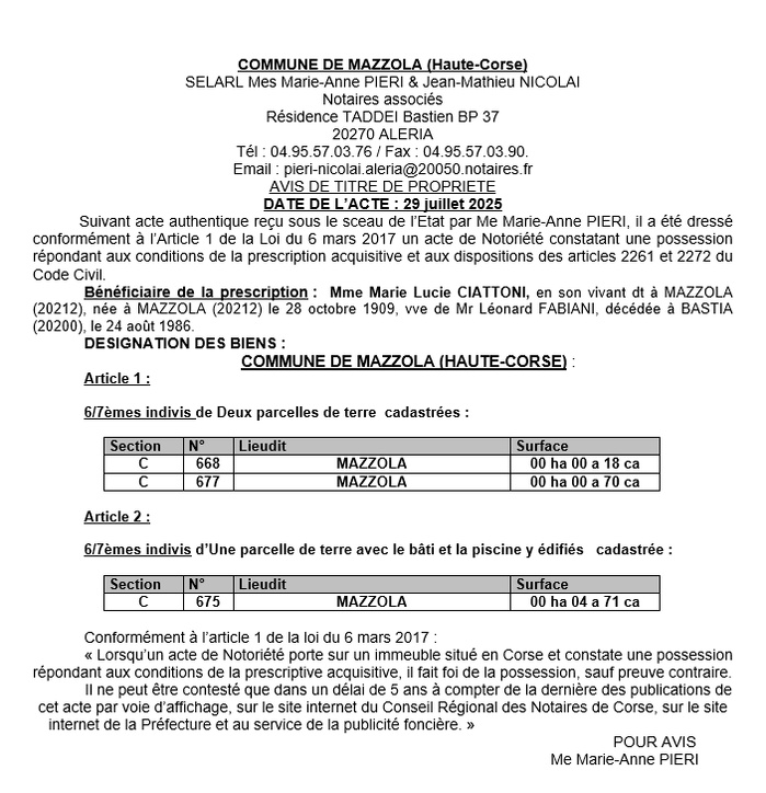 Avis de création de titre de propriété - Commune d'A Mazzola (Cismonte)