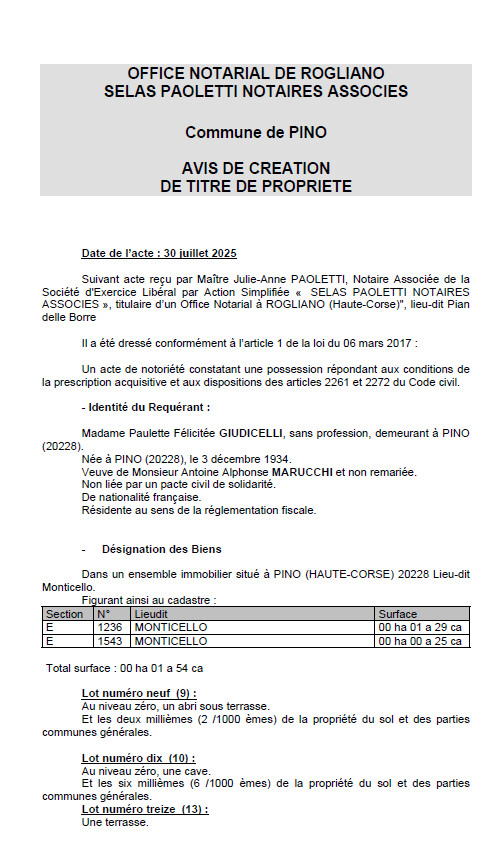 Avis de création de titre de propriété - Commune de Pinu (Cismonte)