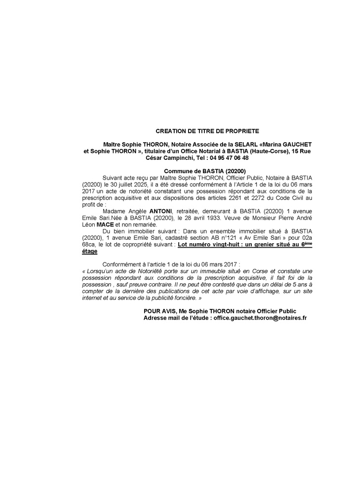 Avis de création de titre de propriété - Commune de Bastia (Cismonte)