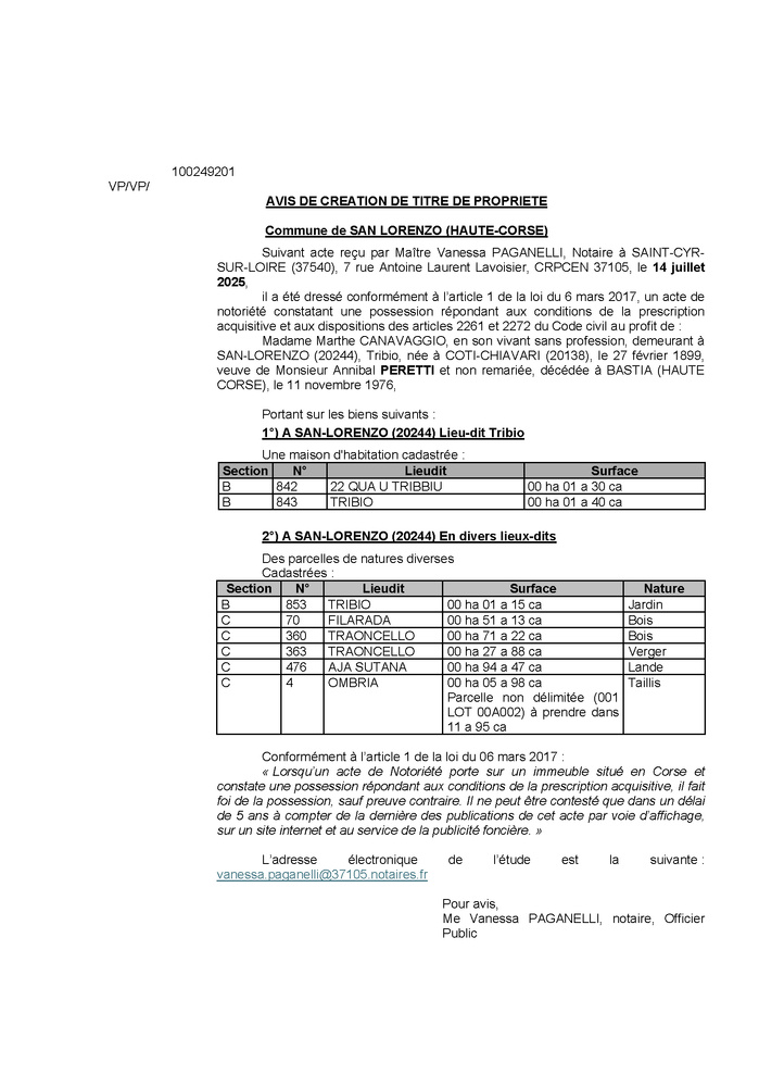 Avis de création de titre de propriété - Commune de San Lorenzu (Cismonte)