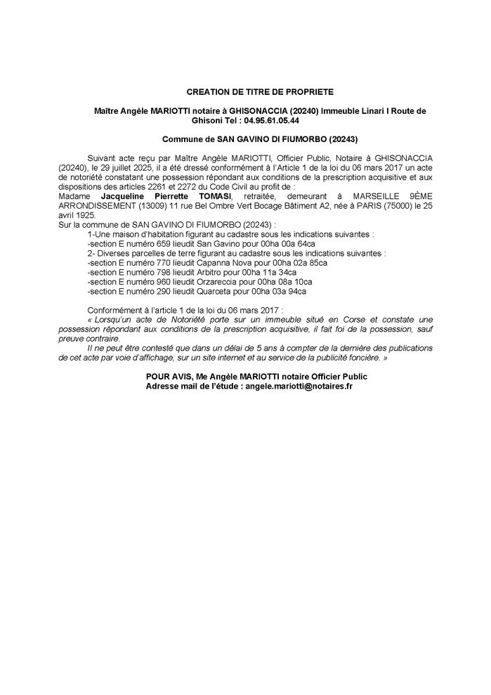 Avis de création de titre de propriété - Commune de San Gavinu di Fiumorbu (Cismonte)