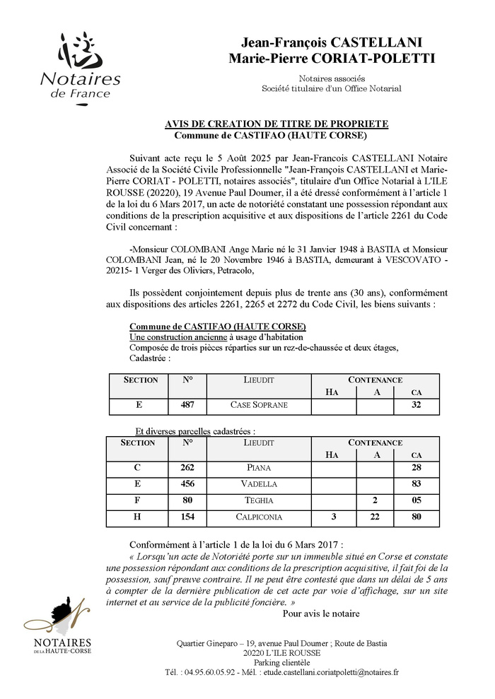 Avis de création de titre de propriété - Commune de Castifau (Cismonte)