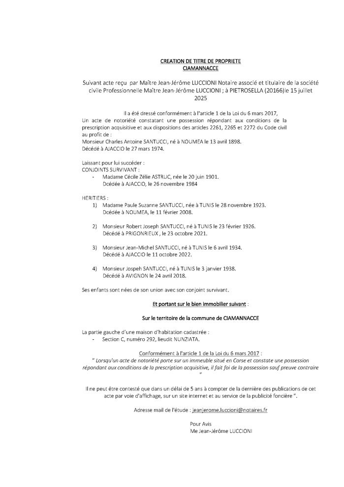 Avis de création de titre de propriété - Commune de Ciamanaccia (Pumonti)