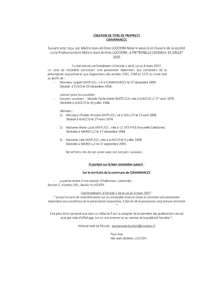 Avis de création de titre de propriété - Commune de Ciamanaccia (Pumonti)